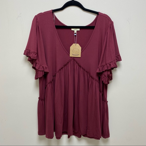 Kori Tops - NWT Kori XL Bell Sleeve Ruffle Babydoll Top Wine